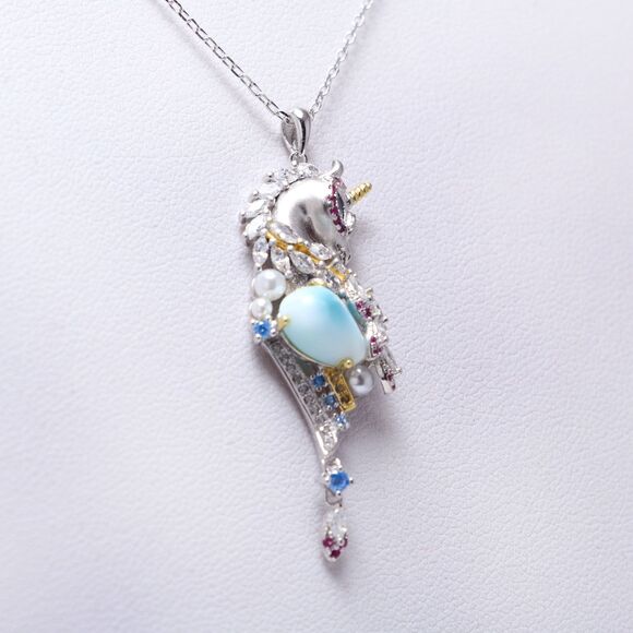 925 Sterling Silver UNICORN NECKLACE, LARIMAR Necklace, Unique Larimar Necklace - Picture 6 of 10
